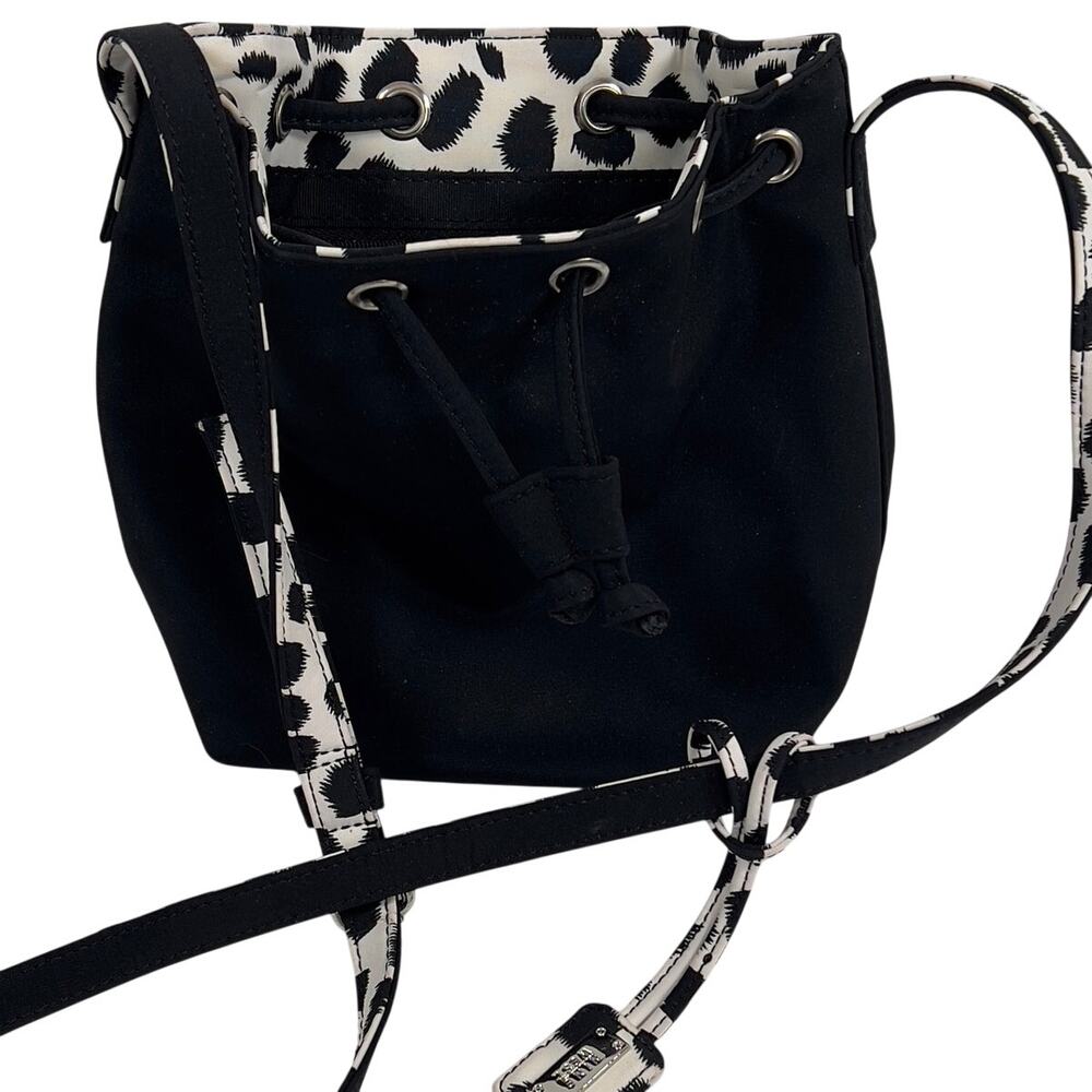 Nine West Drawstring Black Nylon Type Fabric Bag Adjustable Cheetah Print Strap